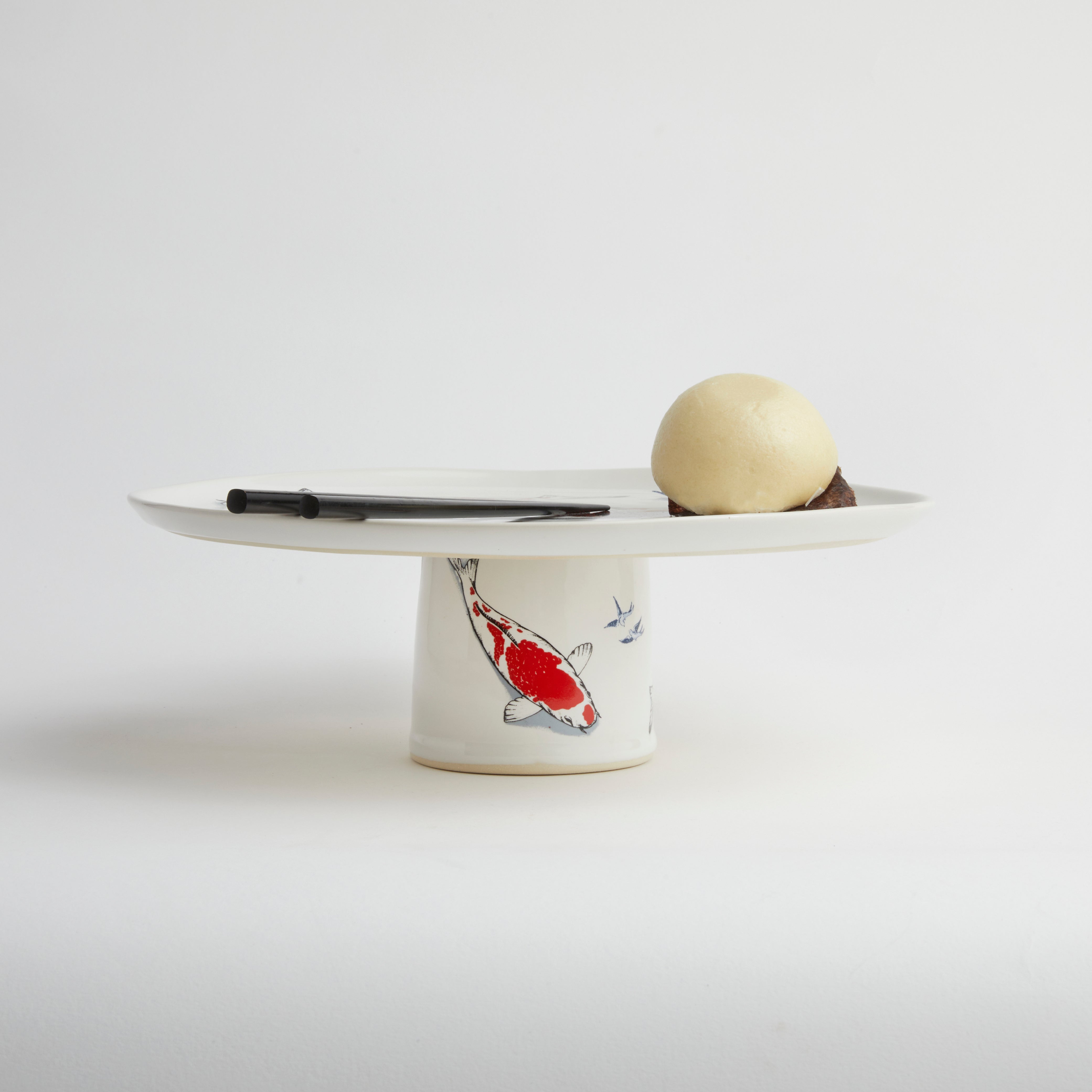 Red Koi & Blue Willow - Short Cake Stand