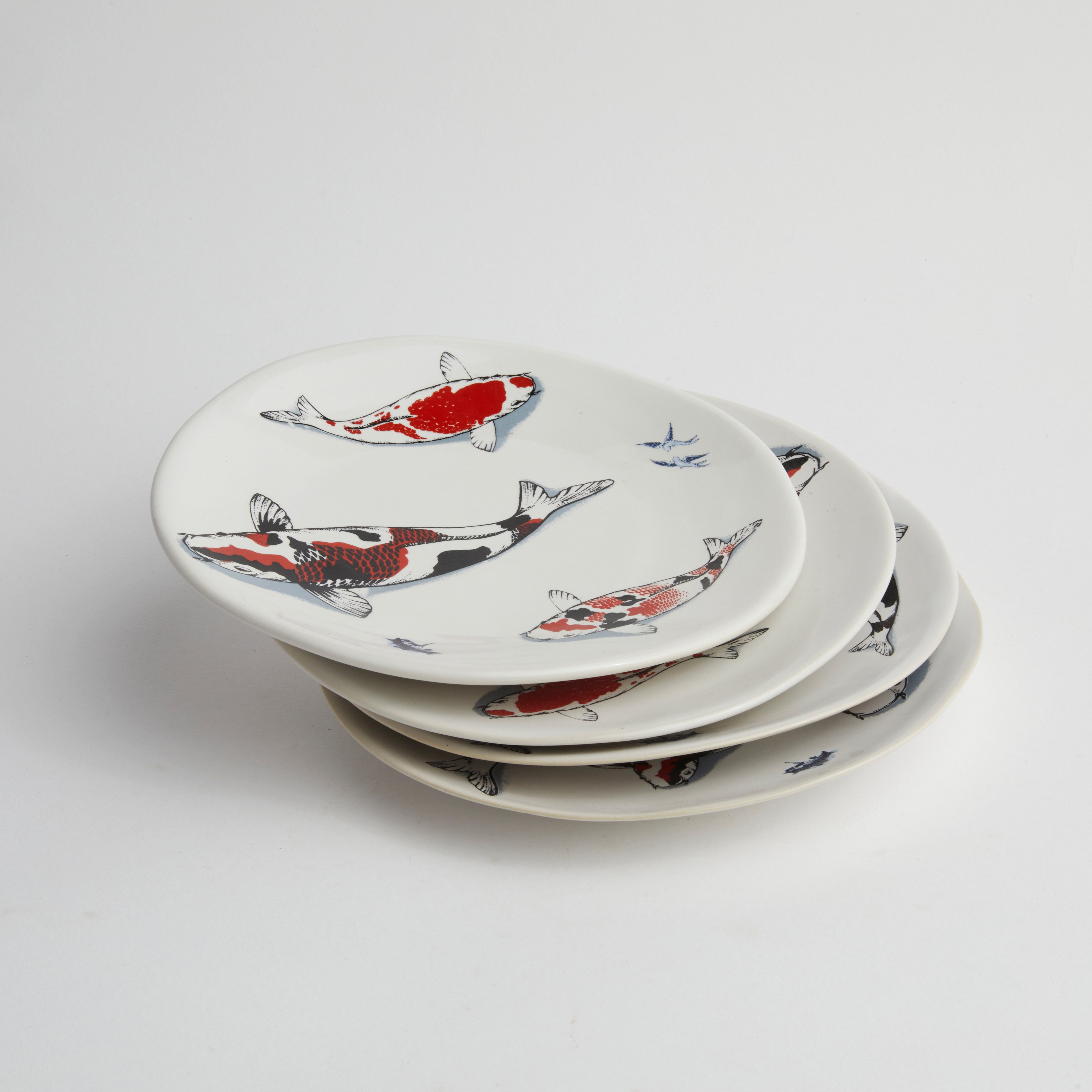 Red Koi & Blue Willow - Medium Plate (set of 4)