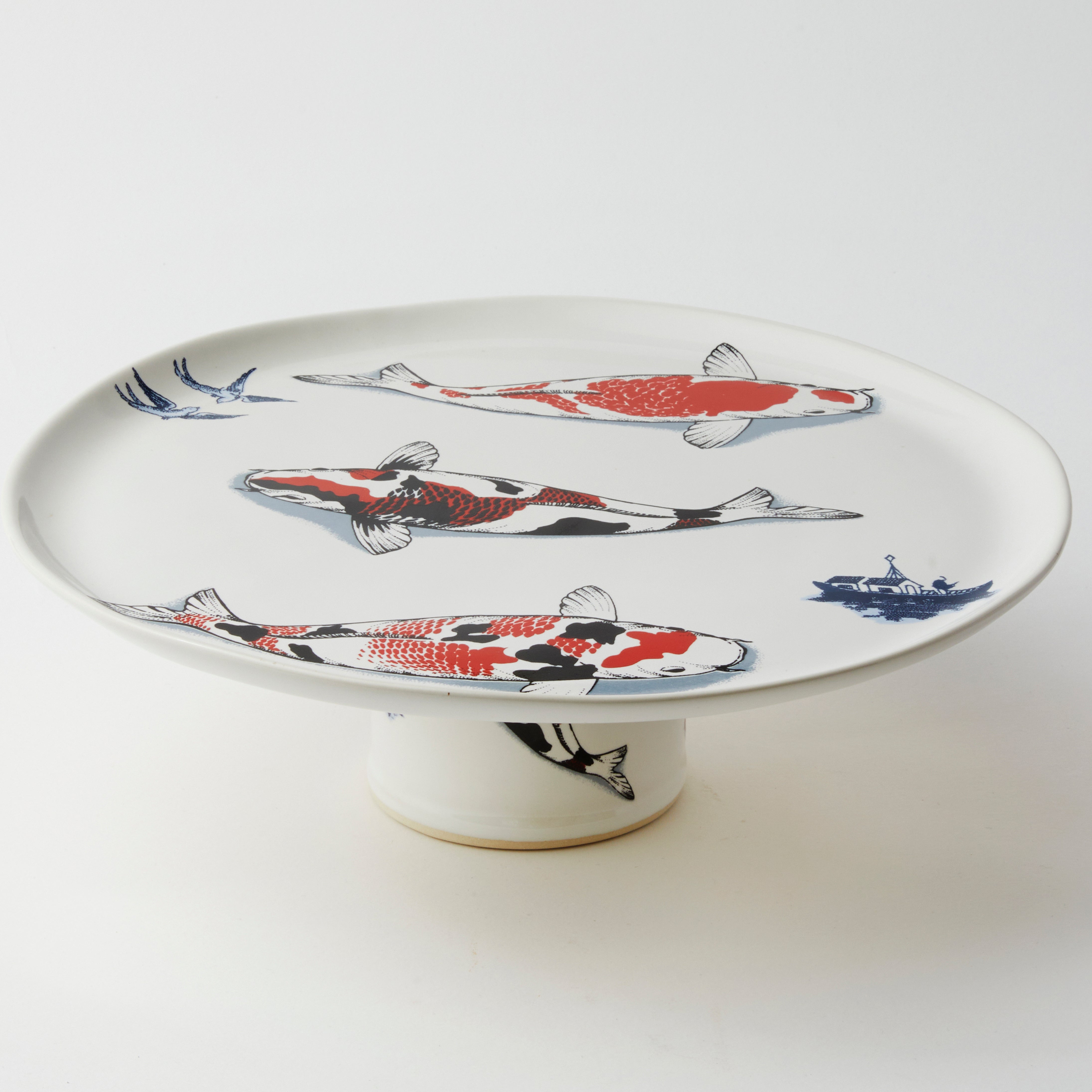 Red Koi & Blue Willow - Short Cake Stand
