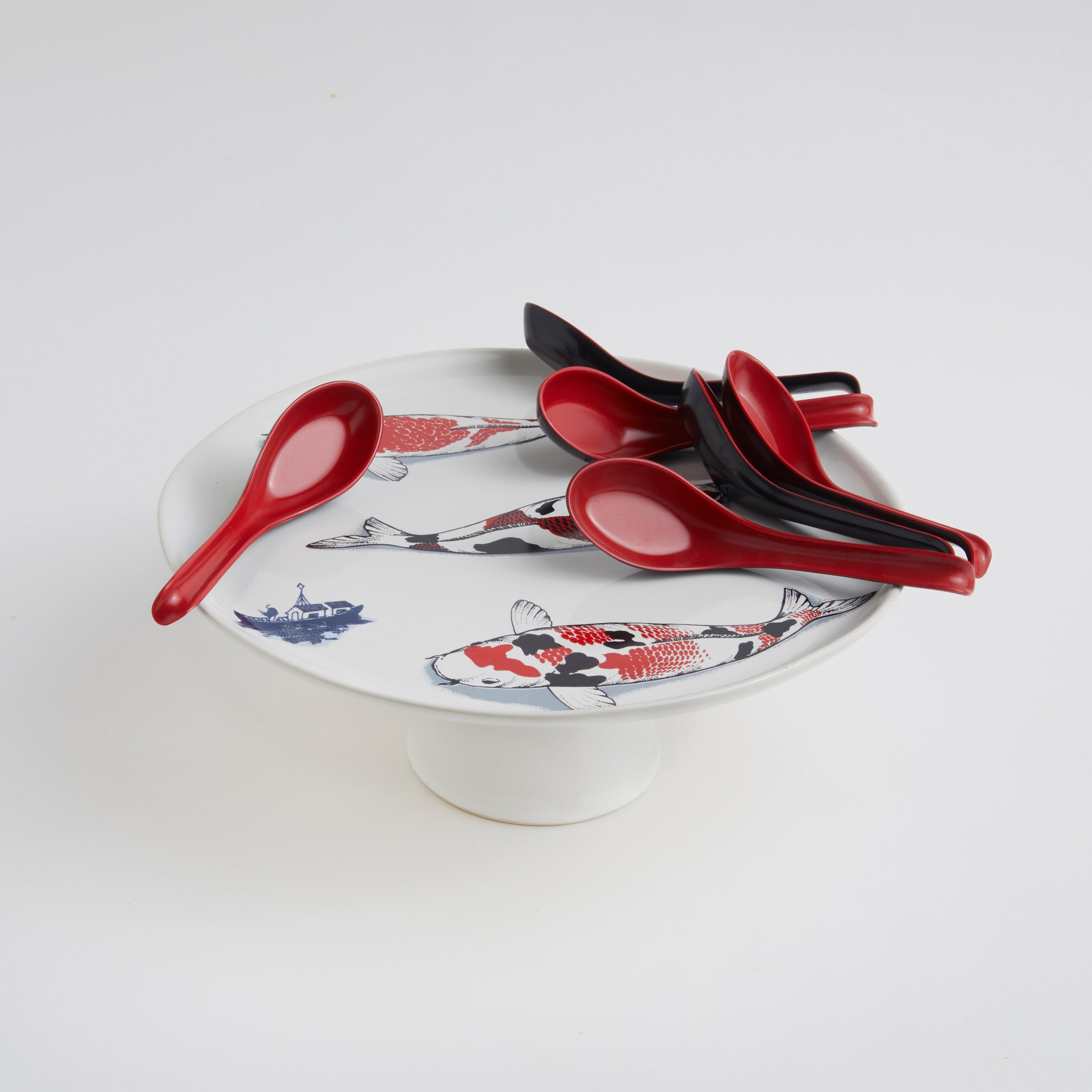 Red Koi & Blue Willow - Short Cake Stand