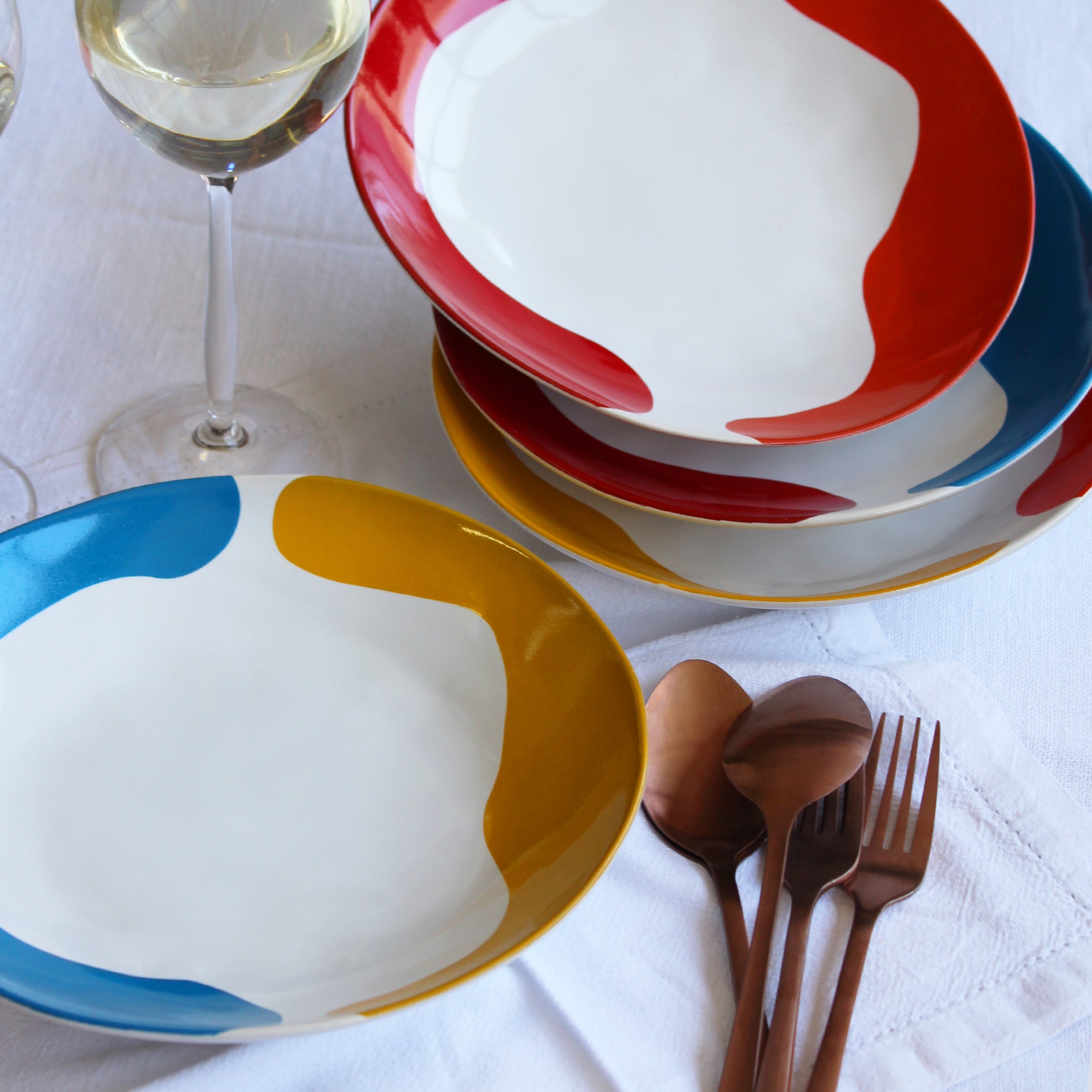Gloss White Pasta Bowl accented with hand-applied sweeps of colour, set of 4