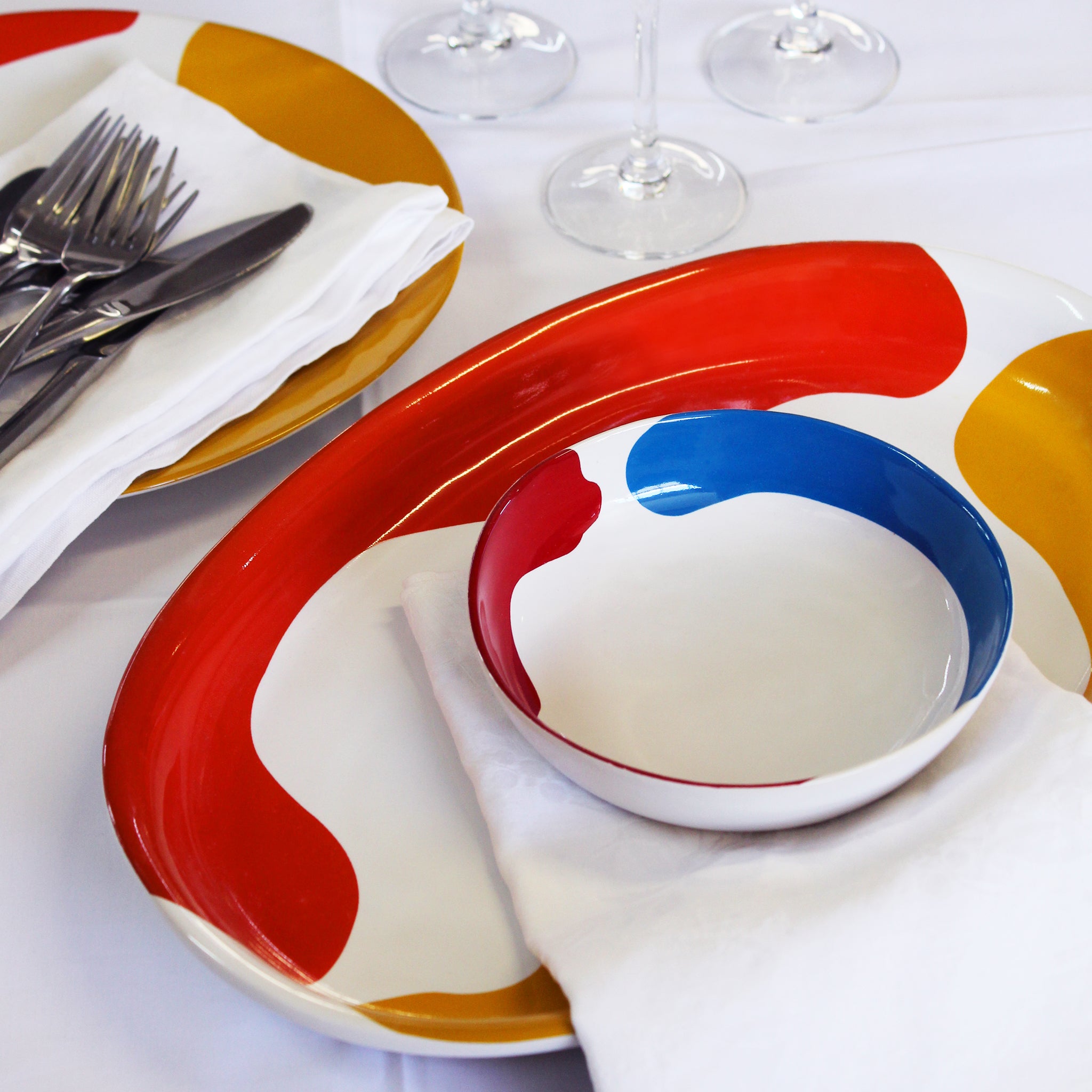 Gloss White Trout Platter accented with hand-applied sweeps of colour