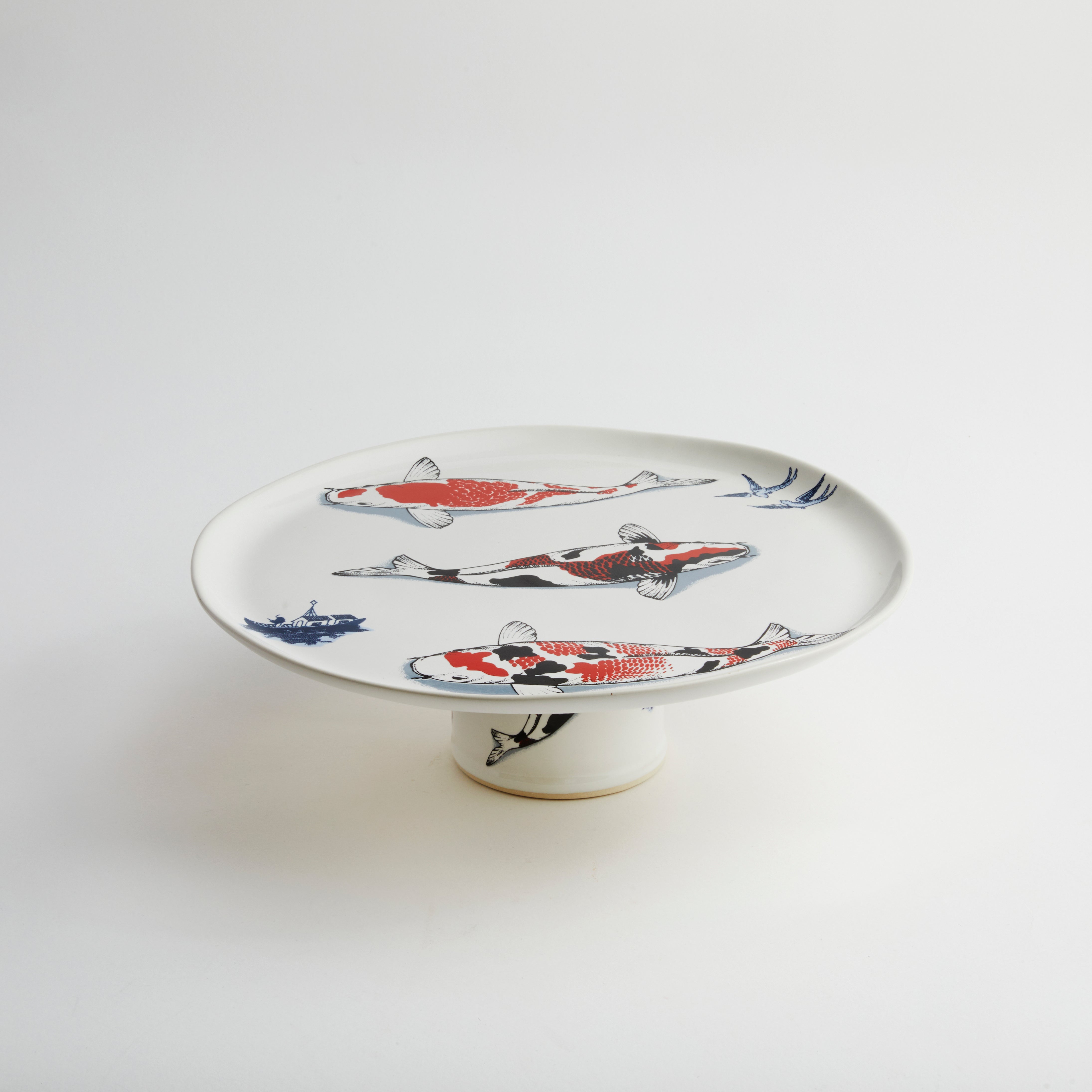 Red Koi & Blue Willow - Short Cake Stand