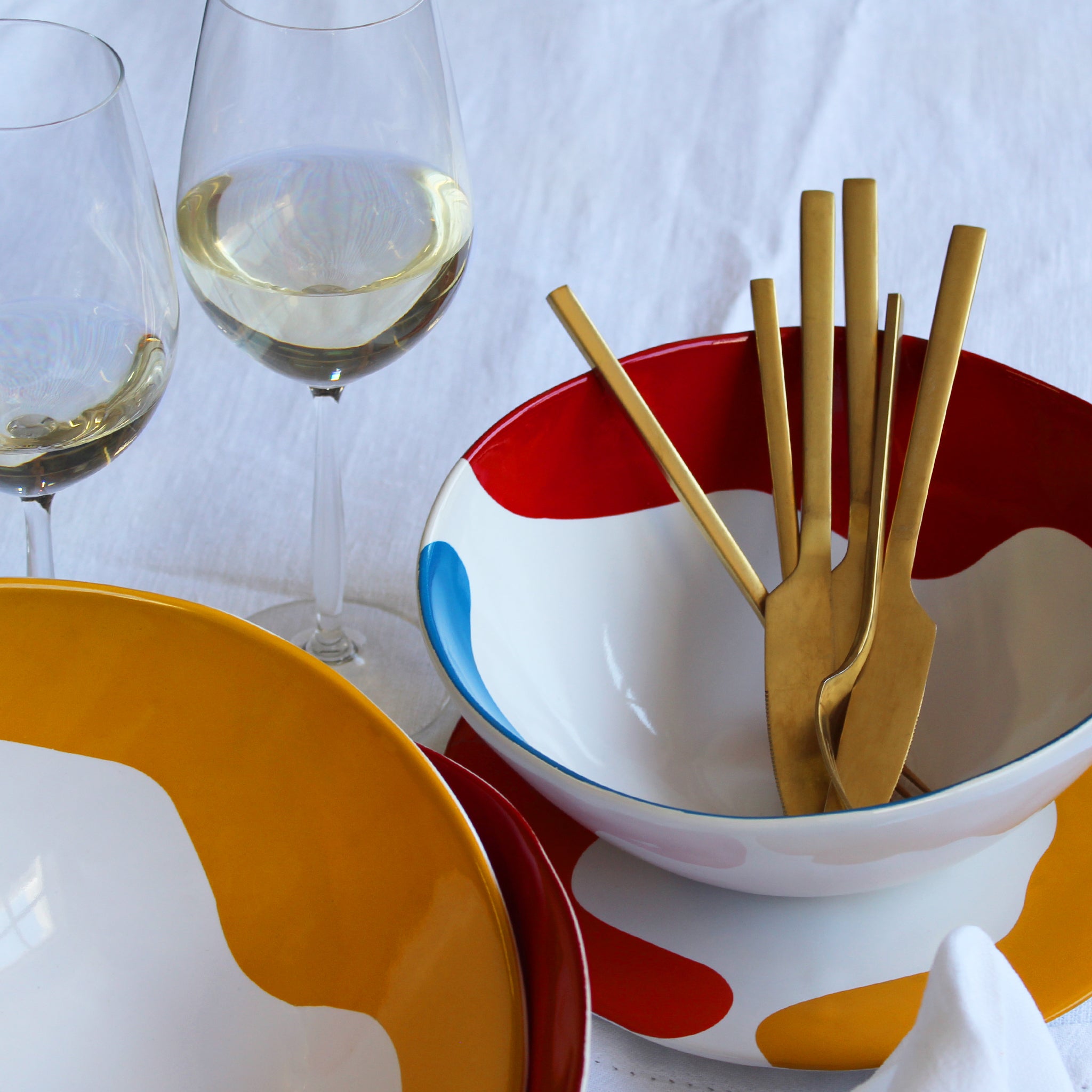 Gloss White Medium Bowl accented with hand-applied sweeps of colour, set of 2