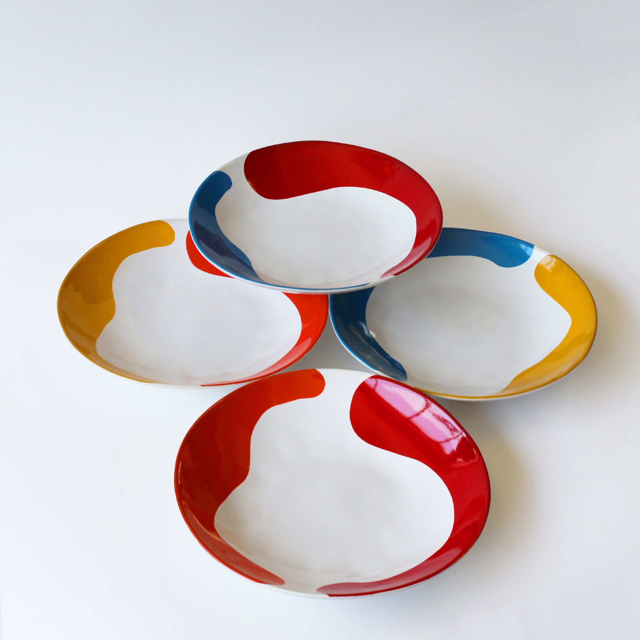 Gloss White Pasta Bowl accented with hand-applied sweeps of colour, set of 4