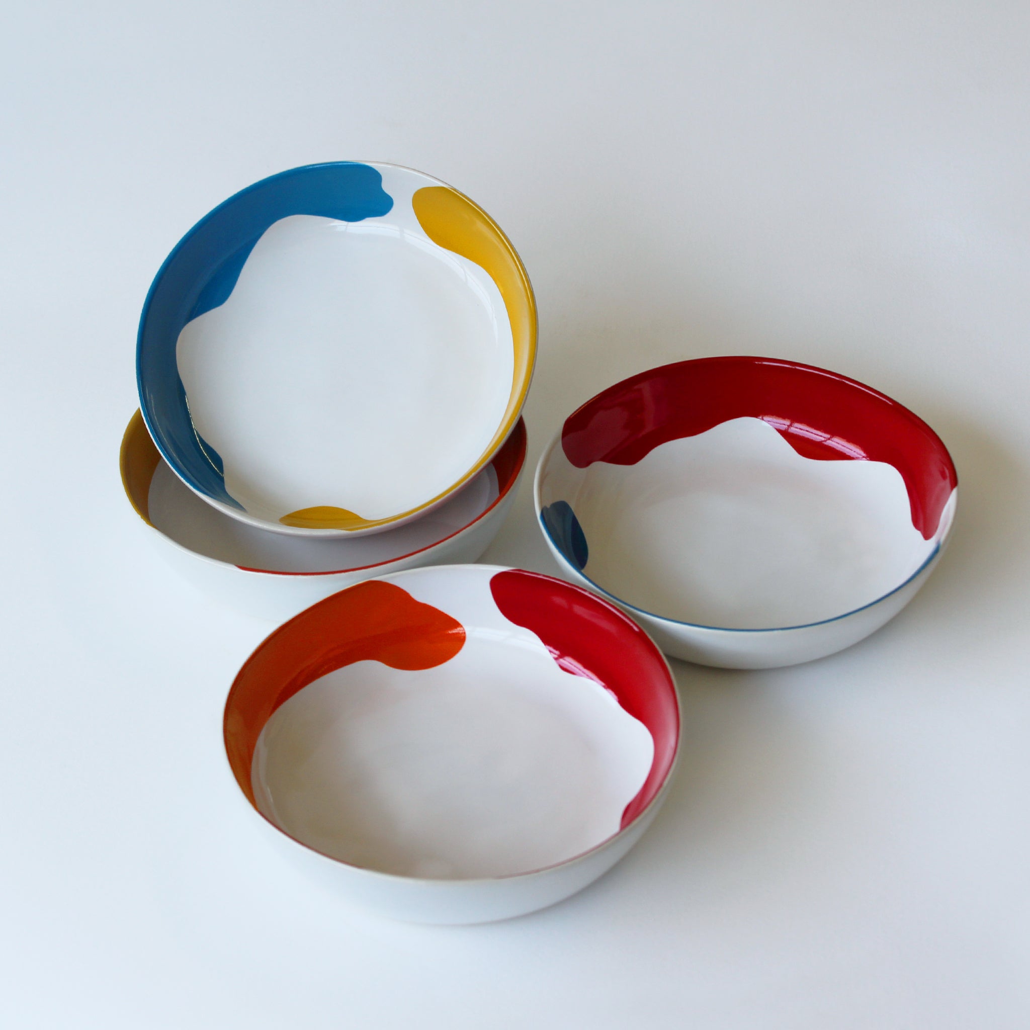 Gloss White Small Breakfast Bowl accented with hand-applied sweeps of colour, set of 4
